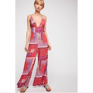 Free People Margarita Patchwork Jumpsuit Pink Red